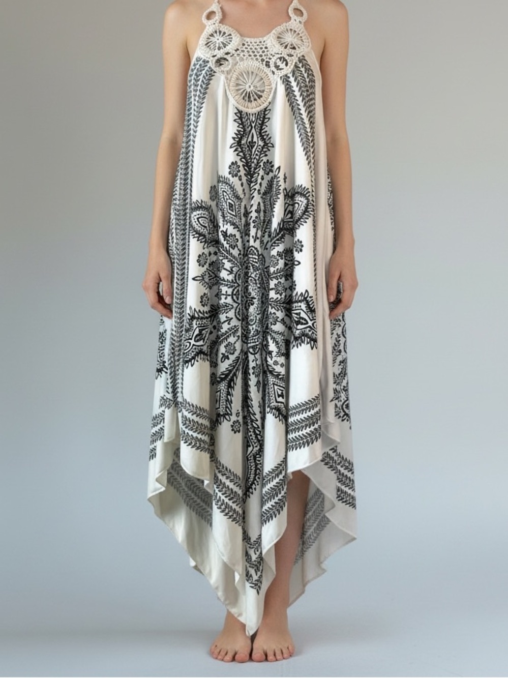 Boho Crochet Halter Handkerchief Dress Paisley Mandala Festival Beach Cover Up